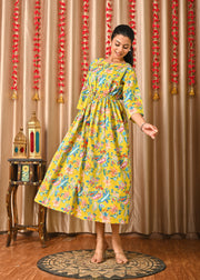 Women Yellow Printed Flared Dress