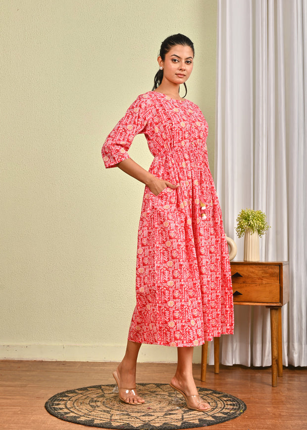 Women Pink Printed Flared Dress