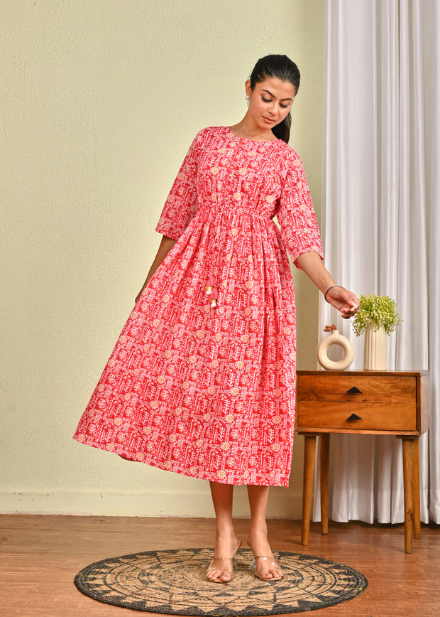 Women Pink Printed Flared Dress
