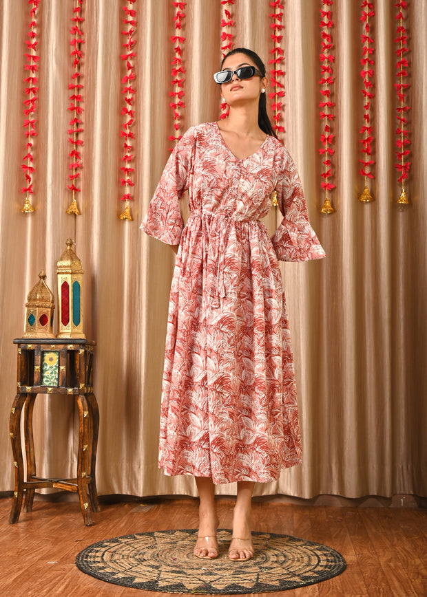 Women Mauve Floral Printed Flared Dress