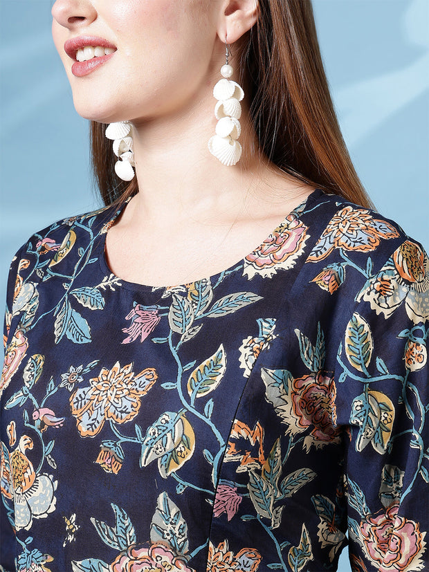 Navy Blue Printed Dress For Women