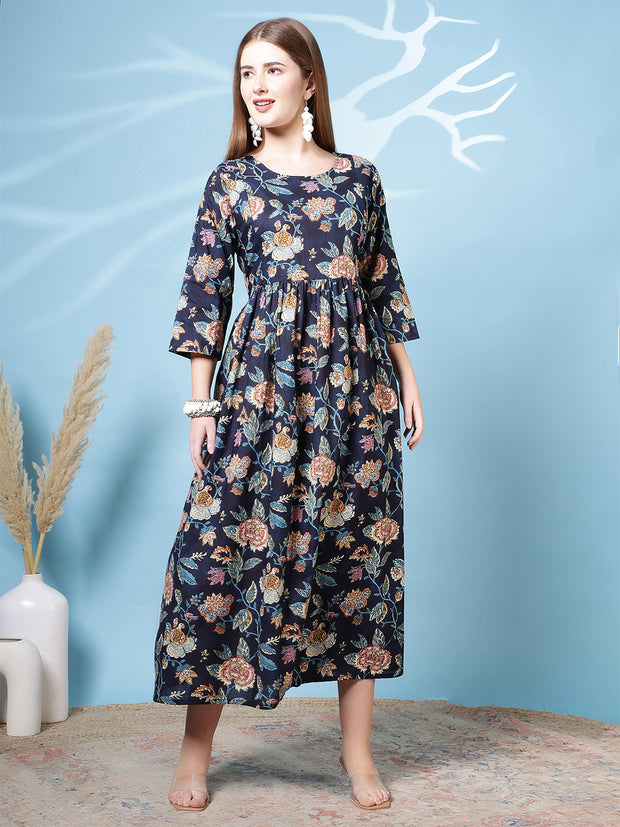 Navy Blue Printed Dress For Women