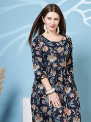 Navy Blue Printed Dress For Women