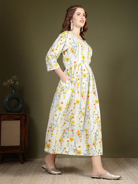 Off white Printed Flared Dress for Women