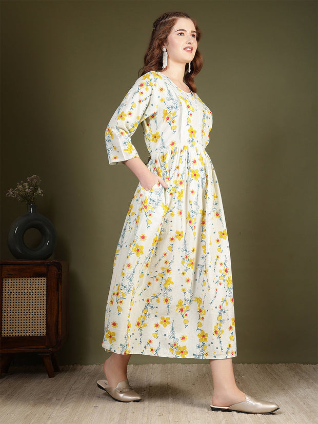 Off white Printed Flared Dress for Women