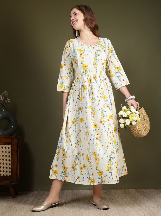 Off white Printed Flared Dress for Women
