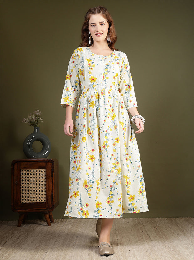 Off white Printed Flared Dress for Women