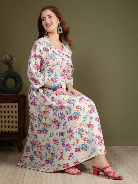 Off white Printed Flared Dress for Women