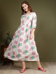 Off white Printed Flared Dress for Women