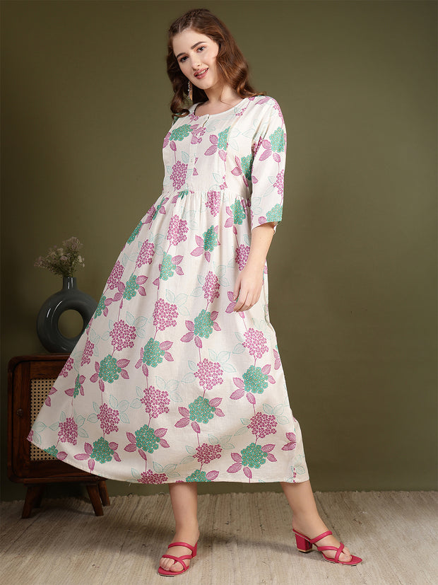 Off white Printed Flared Dress for Women