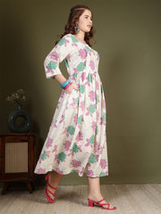 Off white Printed Flared Dress for Women