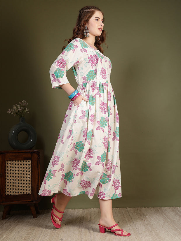 Off white Printed Flared Dress for Women