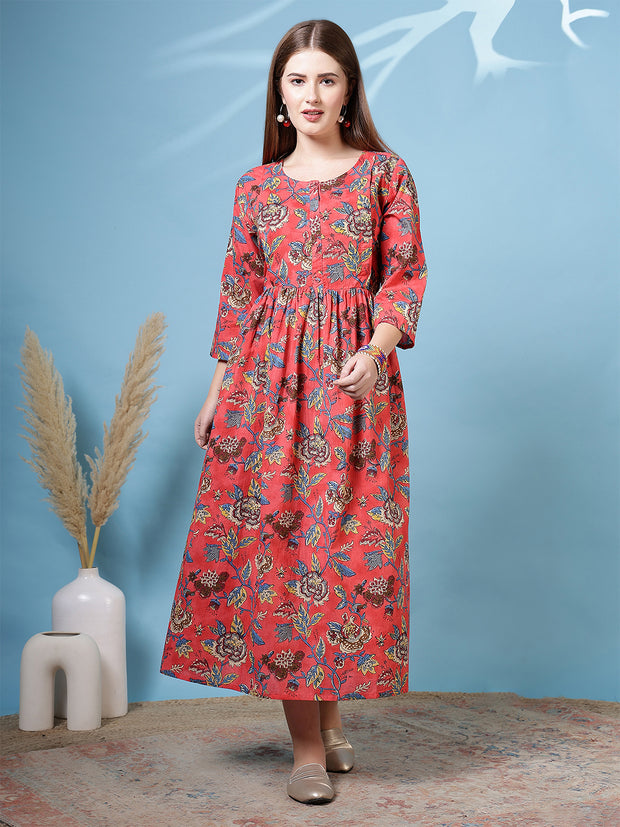 Maroon Floral Printed Flared Dress for Women