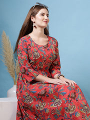 Maroon Floral Printed Flared Dress for Women
