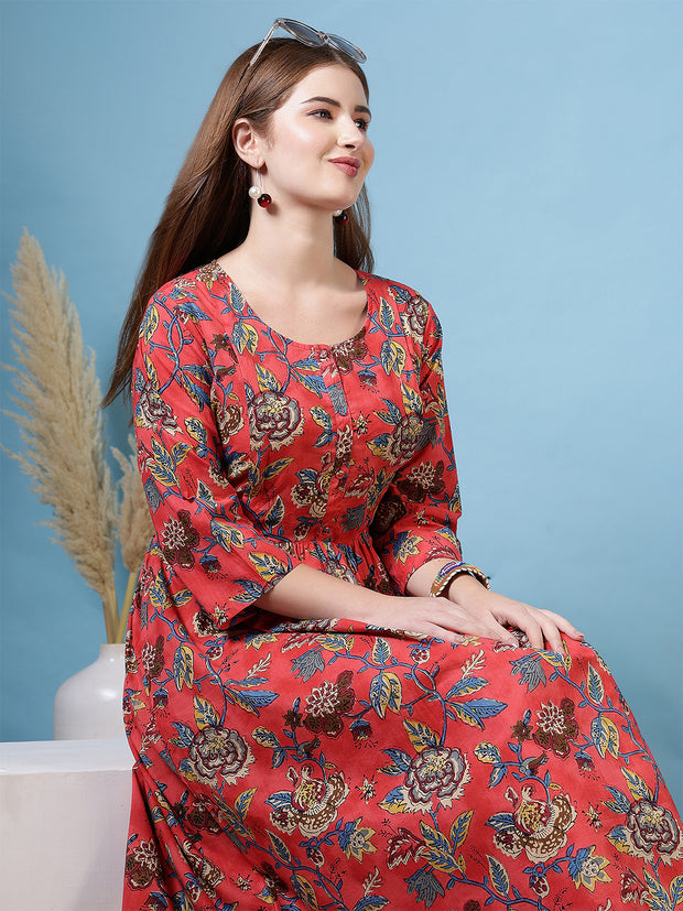 Maroon Floral Printed Flared Dress for Women