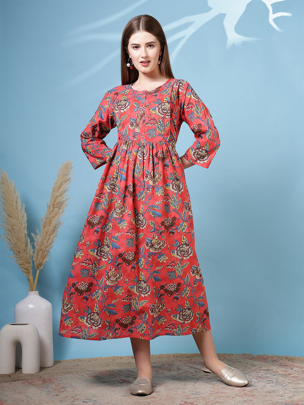 Maroon Floral Printed Flared Dress for Women