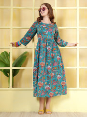 Blue Floral Printed Dress fro Women