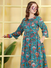 Blue Floral Printed Dress fro Women