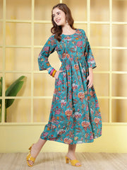Blue Floral Printed Dress fro Women