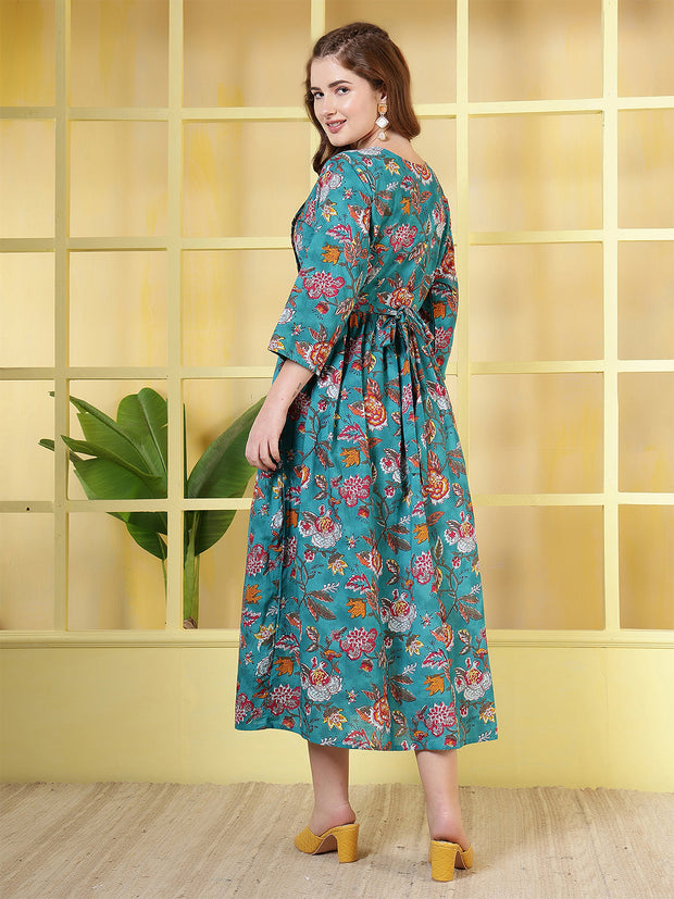 Blue Floral Printed Dress fro Women