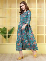 Blue Floral Printed Dress fro Women