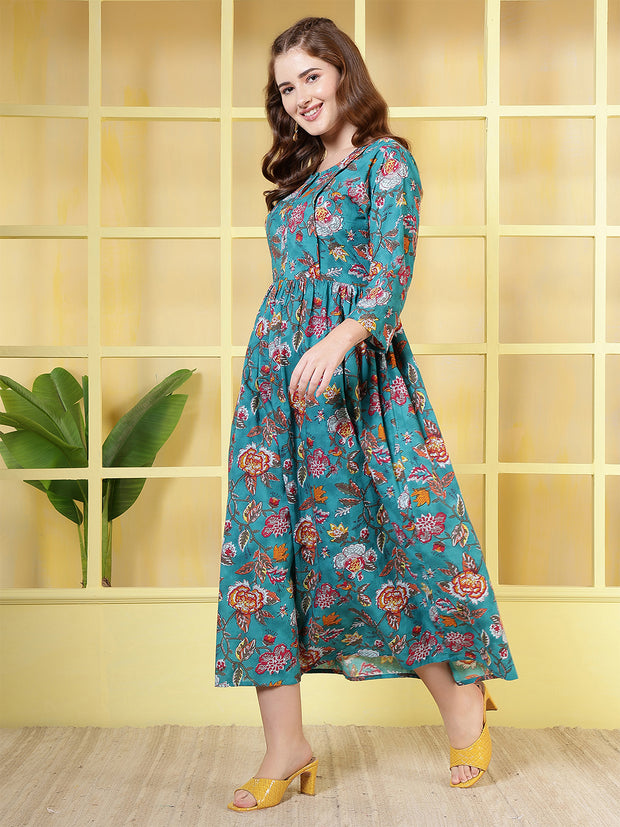 Blue Floral Printed Dress fro Women