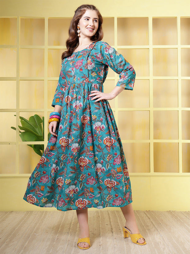 Blue Floral Printed Dress fro Women