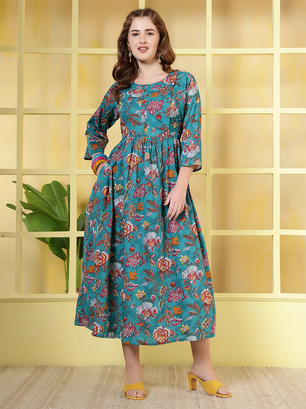 Blue Floral Printed Dress fro Women