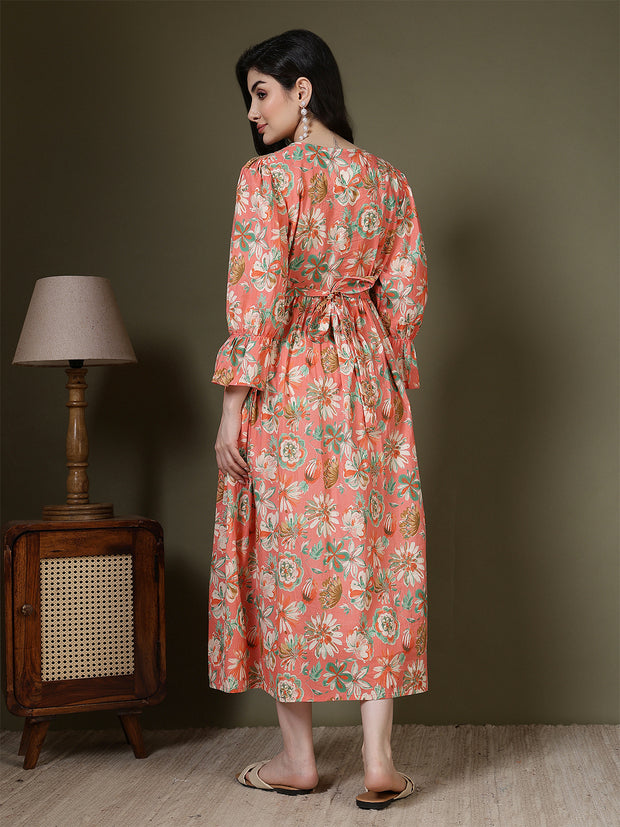 Peach Floral Printed Dress for Women