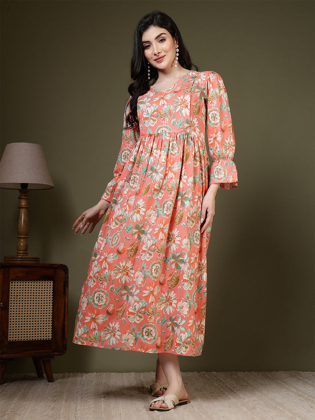 Peach Floral Printed Dress for Women
