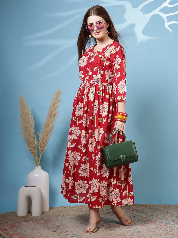 Red Floral Printed Dress fro Women
