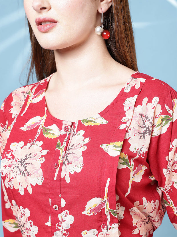 Red Floral Printed Dress fro Women