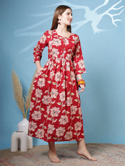 Red Floral Printed Dress fro Women
