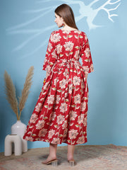 Red Floral Printed Dress fro Women