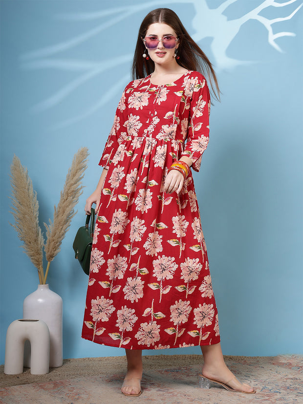 Red Floral Printed Dress fro Women