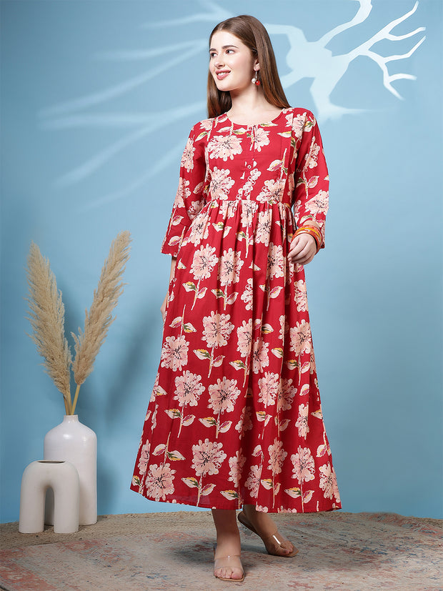 Red Floral Printed Dress fro Women