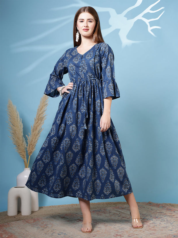 Blue Printed Dress fro Women