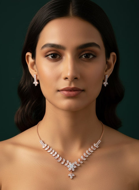 American Stone Leaf Design Necklace with Earring