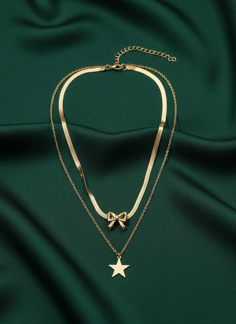 Fancy Star & Bow Shaped Pendant Layered Chain
