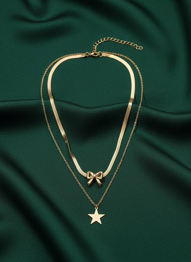 Fancy Star & Bow Shaped Pendant Layered Chain