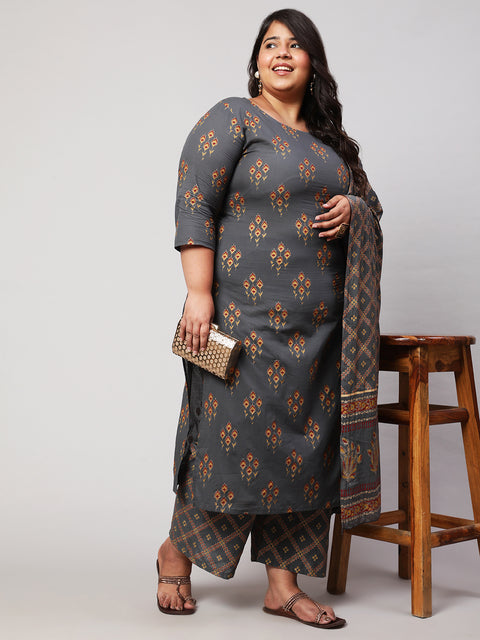 Women Plus Size Grey Printed Kurta And Palazzo With Dupatta