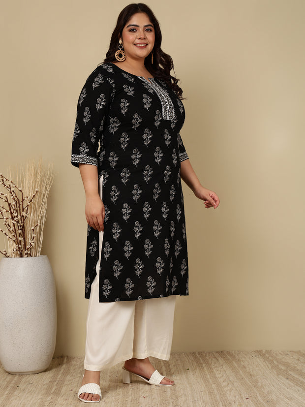 Plus Size Black Printed Straight kurta For Women