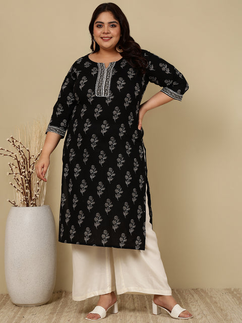 Plus Size Black Printed Straight kurta For Women