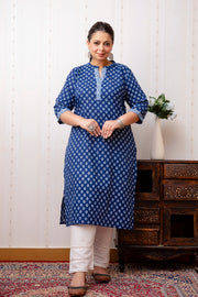 Plus Size Blue Printed Straight kurta For Women