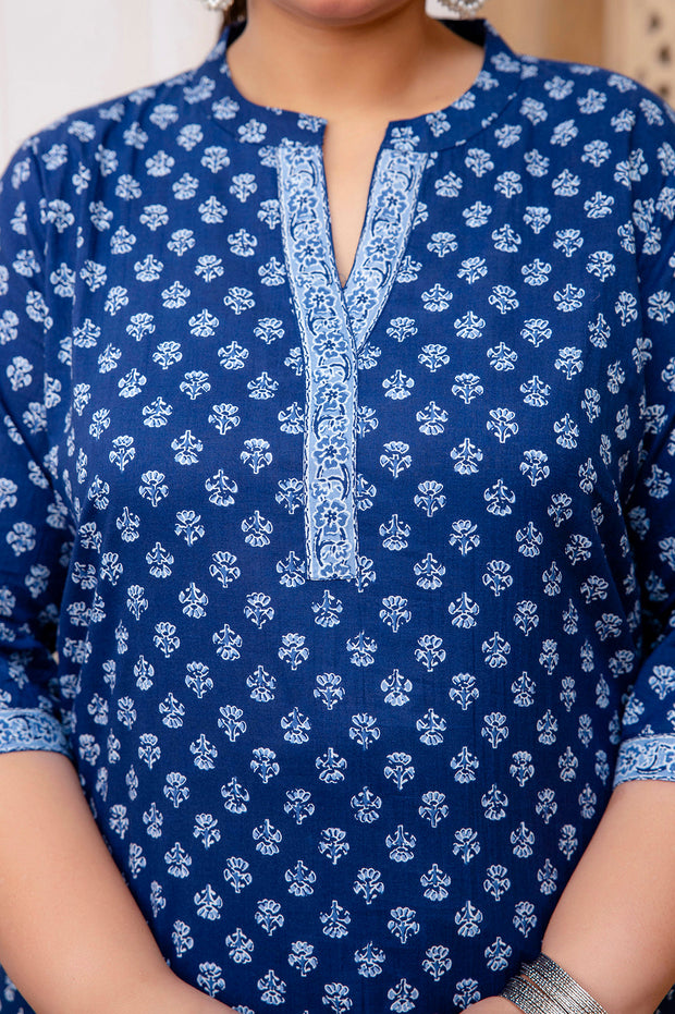 Plus Size Blue Printed Straight kurta For Women