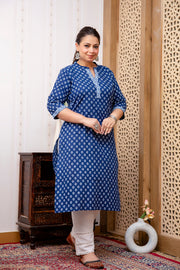 Plus Size Blue Printed Straight kurta For Women