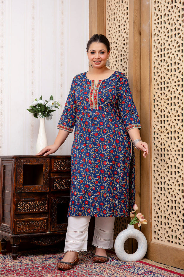 Plus Size Blue Printed Straight kurta For Women