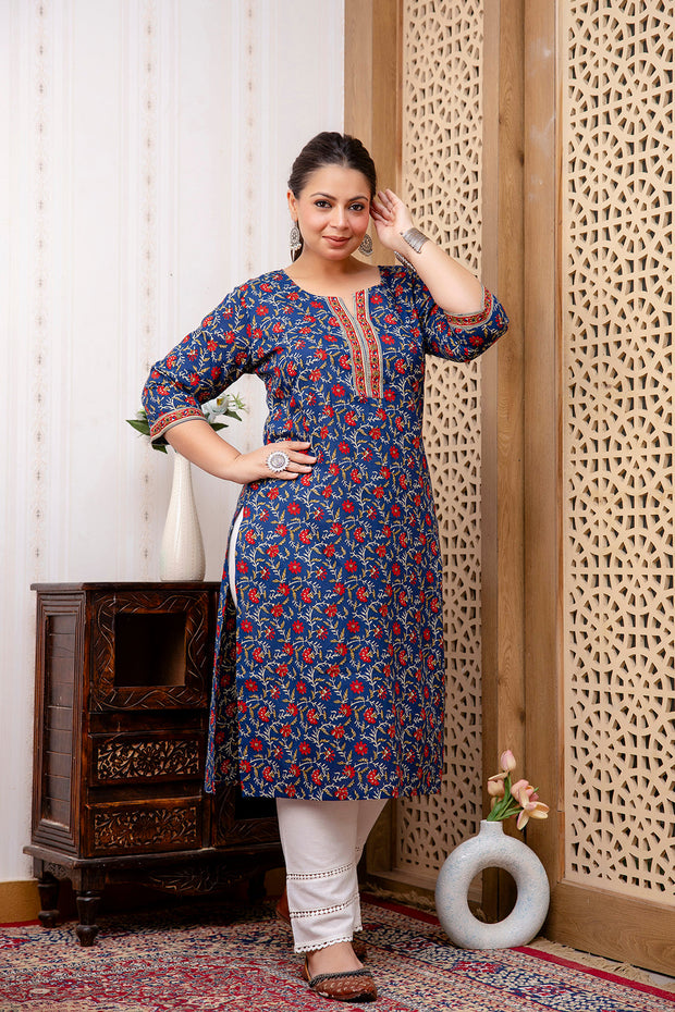 Plus Size Blue Printed Straight kurta For Women