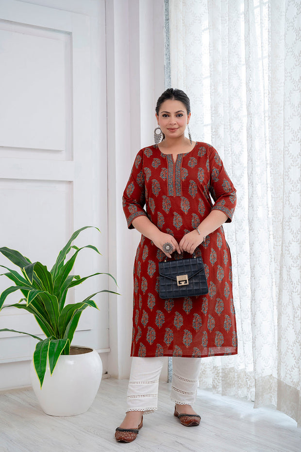 Plus Size Maroon Printed Straight kurta For Women