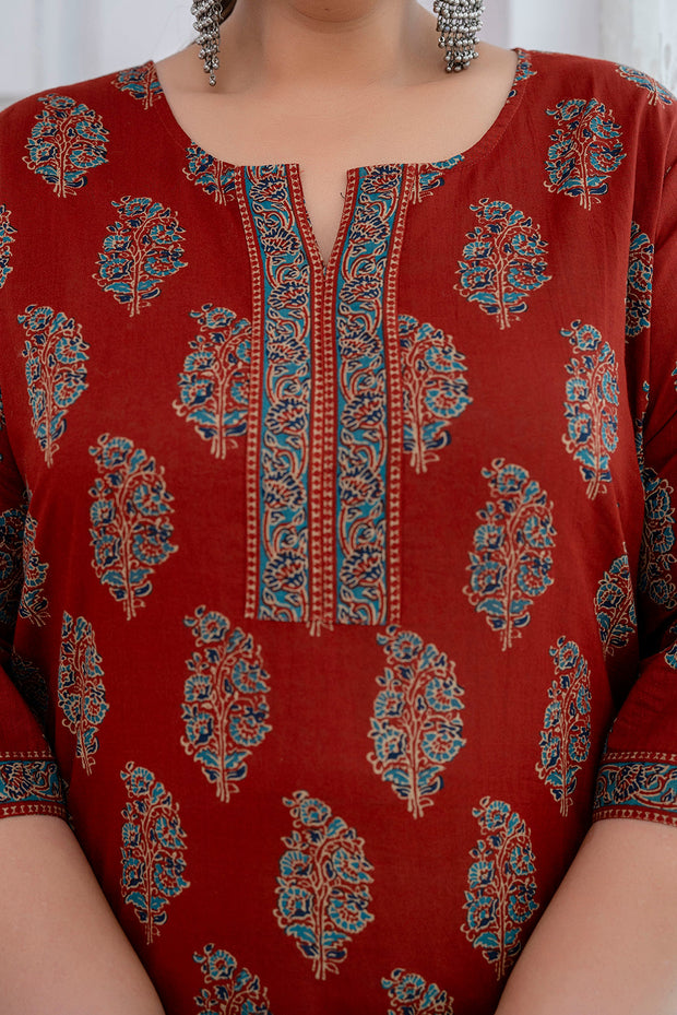 Plus Size Maroon Printed Straight kurta For Women